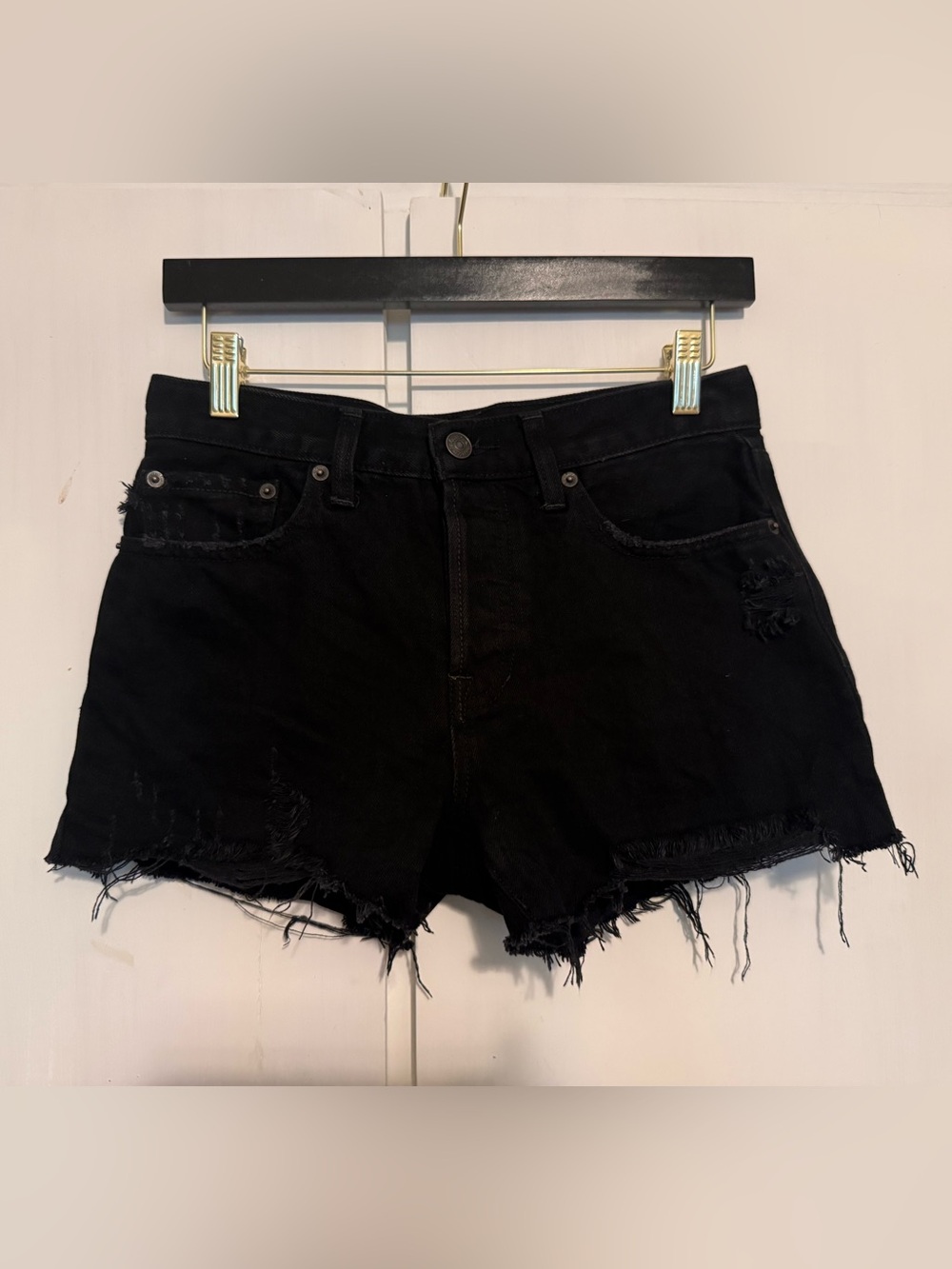 Free People Black Distressed High-Rise Denim Shorts